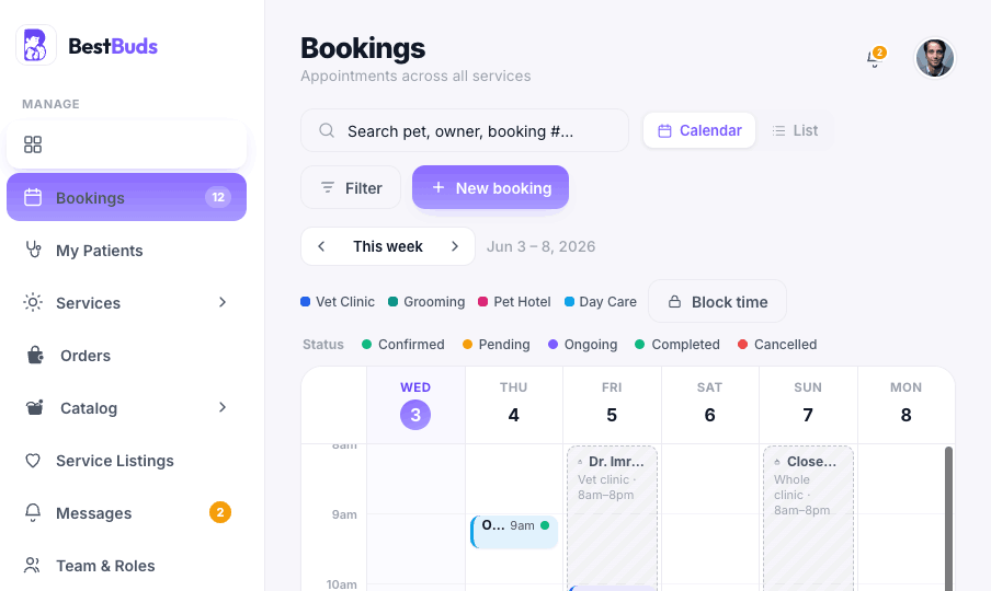 BestBuds Admin bookings calendar
