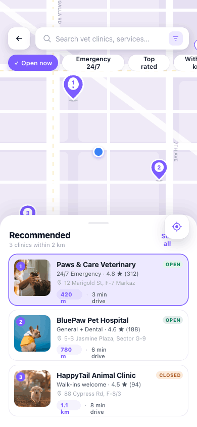 Vet clinic finder screen