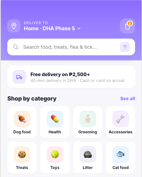 Pet shop home — shop by category